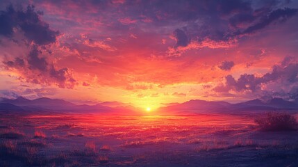 Fototapeta premium A panoramic view of a desert sunset, with the sky painted in rich hues of orange, pink, and purple as the sun dips below the horizon.