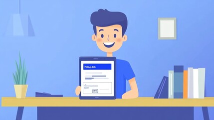 Happy Character Sitting at Desk Holding Tablet Displaying Payment Confirmation Screen