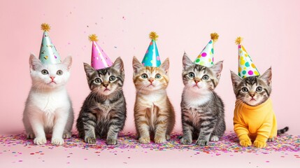 Five Kittens in Party Hats Celebrate with Confetti
