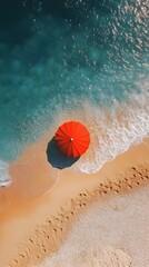 Obraz premium Aerial View of Red Umbrella on Pristine Summer Beach with Clear Sky and Turquoise Ocean