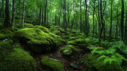 A panoramic view of a forest with moss covered boulders and ferns, offering a rich and vibrant natural scene with space for text.