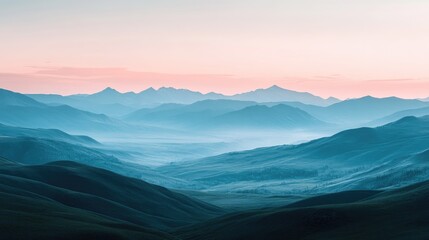 Fototapeta premium A panoramic view of a mountain range at dusk, with soft hues of twilight casting a magical glow over the landscape with ample copy space.