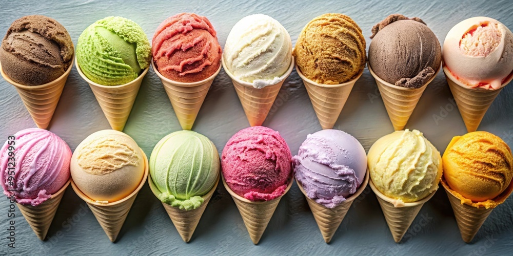 Poster Collection of various ice cream flavors, dessert, sweet, treat, frozen, delicious, assortment, creamy, cold, summer