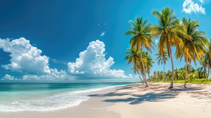 Naklejka premium A panoramic view of a pristine beach with palm trees and a clear blue sky, perfect for summer promotions. Plenty of space for text.