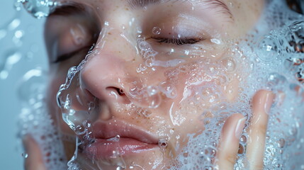 Fototapeta premium Woman is washing her face and feels refreshed. AI Generative.