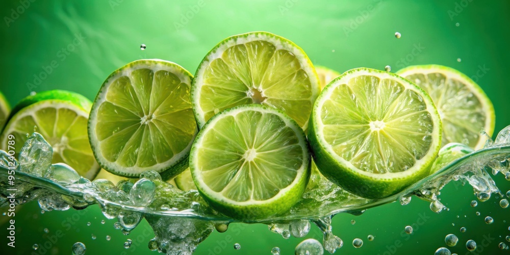 Sticker Fresh limes water explosion in a deep green background, limes, water, explosion, fresh, green, background, citrus