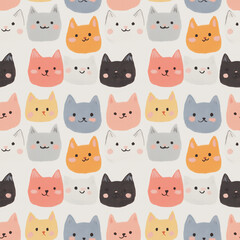 Fototapeta premium Seamless pattern of colorful, smiling cat faces for playful and whimsical designs