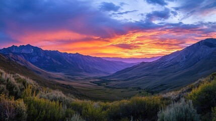 Fototapeta premium A panoramic view of mountains at sunset, with the sky filled with vibrant colors and the valleys below in shadow.