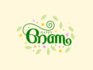 English and Malayalam Happy Onam Typography. Flowers and leaves. South Indian, Kerala Festival greeting.