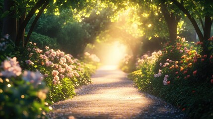A park pathway lined with blooming flowers and lush greenery, with the soft glow of morning light filtering through.