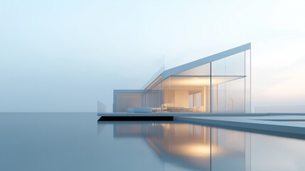 building in the sea, modern building with sky, transparent 3D house rendering made of glass, transparent glass building