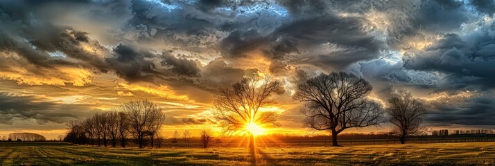 Sunset behind trees with clouds over fields in a rural landscape