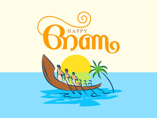 English and Malayalam Happy Onam Typography. Kerala landscape drawing. Boat and coconut tree. South Indian, Kerala Festival greeting.