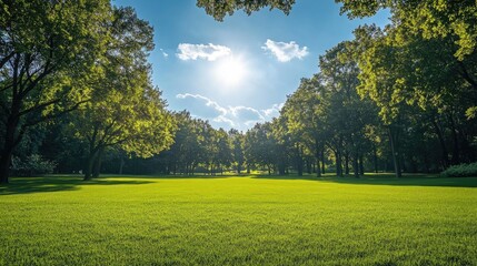 Obraz premium A park with a large, open field of green grass, bordered by tall trees and under a bright, cloudless sky.