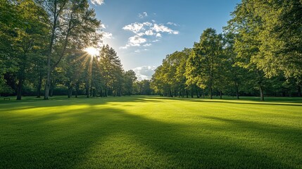 Obraz premium A park with a large, open field of green grass, bordered by tall trees and under a bright, cloudless sky.