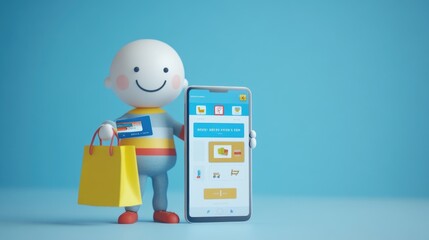 Obraz premium Smiling Character with Credit Card and Shopping Bag for Online Shopping Concept