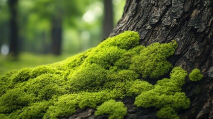 Fototapeta premium A patch of bright green moss on a tree trunk, showcasing the intricate details and rich texture, perfect for eco friendly and nature focused designs.
