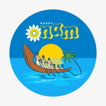 Kerala, South Indian fesitval Onam typography with Flower and Kerala landscape drawing. Boat and coconut tree. For wishes greeting.