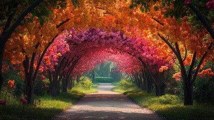 A path lined with blooming trees in a spring garden, their branches forming a colorful archway, offering a vibrant and inviting scene with space for text.