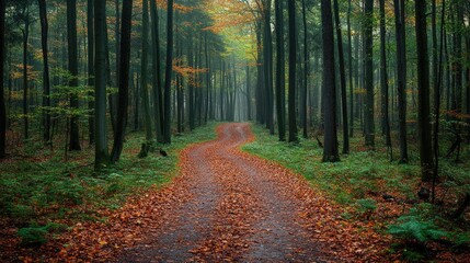 A path winding through a thick forest, with tall trees on either side and the ground covered in fallen leaves.