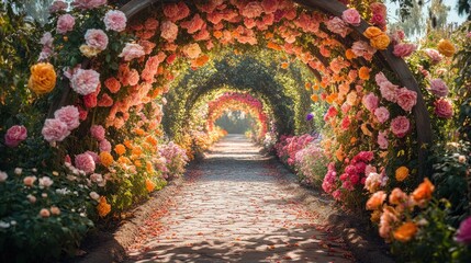 Fototapeta premium A pathway through a flower filled garden, with colorful blooms lining both sides under a clear blue sky.