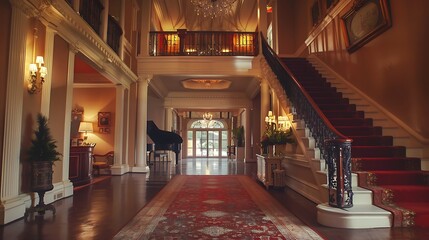 Obraz premium A magnificent cornsilk stairway and tasteful entry hall in opulent rental sets