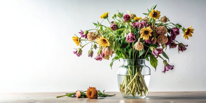 A faintly beautiful bouquet of wilted flowers stands solitary in a vase against a crisp white background, its petals worn and weary.