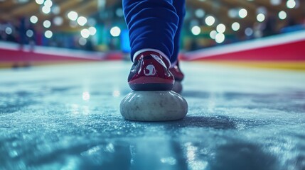Fototapeta premium Athlete's Feet on the Ice Rink with Colorful Lights