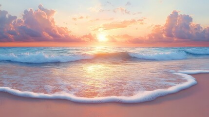 A peaceful beach scene at sunset, with the sun dipping below the horizon, painting the sky in hues of orange and pink. The waves gently kiss the shore.