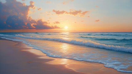 A peaceful beach scene at sunset, with the sun dipping below the horizon, painting the sky in hues of orange and pink. The waves gently kiss the shore.