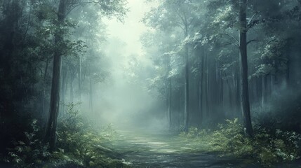 A peaceful, mist covered forest with a soft, muted palette, creating a tranquil and almost dreamlike scene.