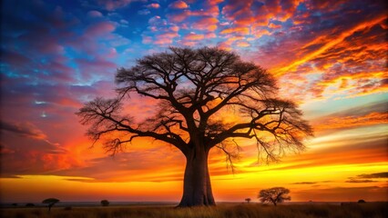 Obraz premium Silhouette of majestic baobab tree against a vibrant sunset sky, baobab, tree, sunset, silhouette, vivid, colorful, sky
