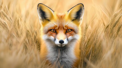 Obraz premium A fox camouflaged in a field of tall golden grass, its fur blending seamlessly, sharp eyes watching, warm tones, natural and serene atmosphere
