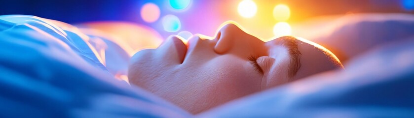 Fototapeta premium A serene close-up of a peaceful face resting, illuminated by soft, colorful lights, evoking tranquility and relaxation.