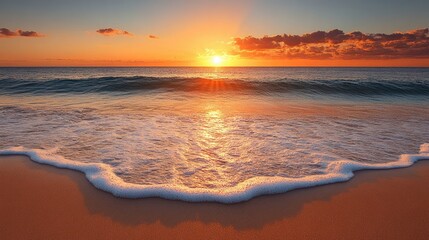 Fototapeta premium A peaceful sunrise on a sandy beach, with the sun rising over the horizon and the waves gently lapping at the shore.