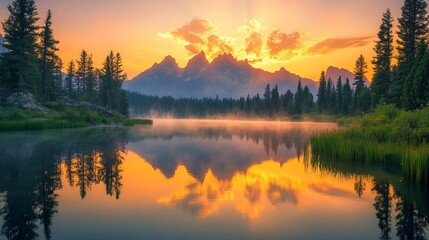 Fototapeta premium Serene Mountain Lake Sunrise with Stunning Peak Reflections