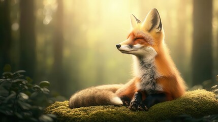 A fox sitting quietly on a bed of moss, with sunlight filtering through the trees, creating a peaceful woodland scene, natural and serene