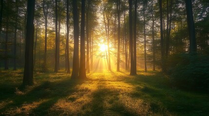 Obraz premium Serene Forest Sunrise: Fog Lifting Amidst Golden Light