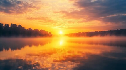 Fototapeta premium Serene Sunrise: Mist-Covered Lake with Soft Reflections