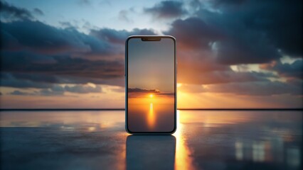 moody minimalist smartphone studio shot on dark grayscale background with shallow focus on screen glowing with soft pastel hues of morning sunrise inspiration concept