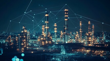 Fototapeta premium A cityscape with a network of lines connecting the buildings. The image has a futuristic and technological feel to it