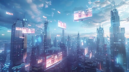 Futuristic cityscape under a blue sky, featuring towering skyscrapers and digital billboards reflecting advanced technology.