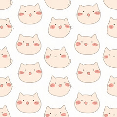 Cute beige cat faces pattern with blushing cheeks on a light background for playful decor.
