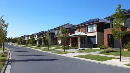 A high-quality image of a modern suburban residential area in Melbourne, Australia, featuring rows of contemporary homes