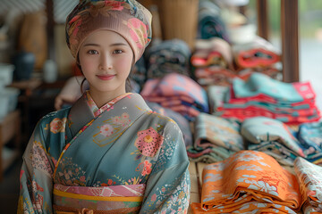 Naklejka premium a portrait of a young woman wearing a traditional Japanese kimono