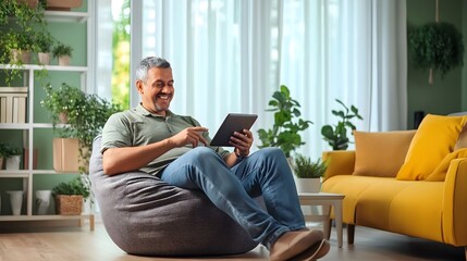 A relaxed image of a middle-aged Indian man comfortably using a tablet while seated at home, surrounded by a cozy living space, ideal for lifestyle,