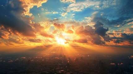 Fototapeta premium Golden Hour Cityscape: Dramatic Clouds & Vibrant Skyline at Sunset