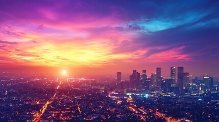 Vibrant Sunset Sky Over City Skyline with Urban Lights | Stunning Photography | 16:9 Aspect Ratio