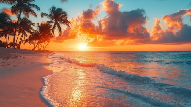 A picturesque beach with palm trees lining the shore, the sunset painting the sky with rich oranges and pinks.