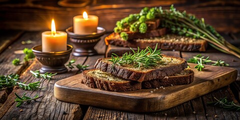 Moonlit rustic elegance pumpernickel toast on worn wooden table illuminated by soft warm candlelight with scattered fresh thyme and rosemary sprigs.